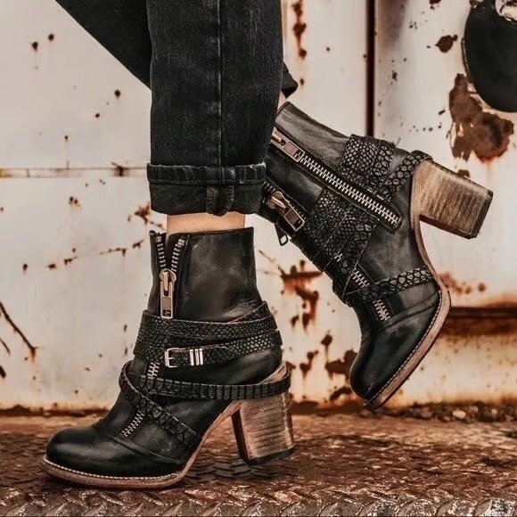 Freebird By Steven Balboa Genuine Leather Strappy Chunky Heeled Booties Size 7